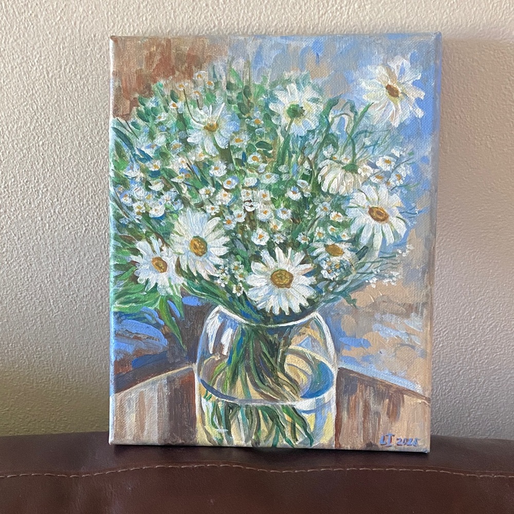Original Floral Canvas Art with Daisies, Acrylic